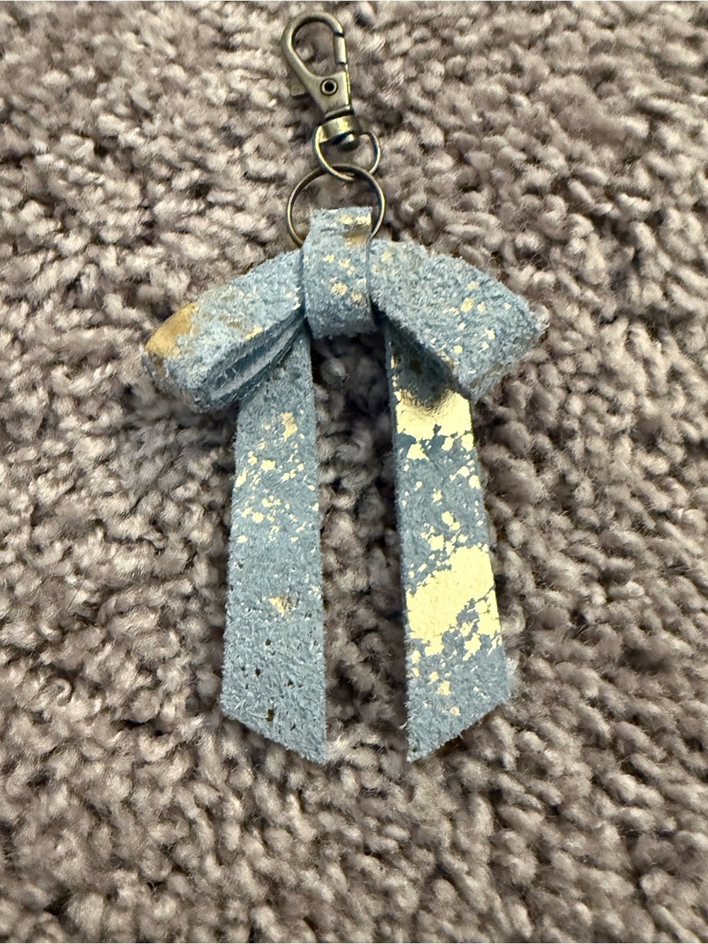 Gold-Splatter Blue Suede Bow Keychain